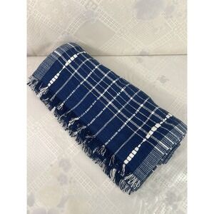 Threshold Extended Length Table Runner Blue Stripe Fringe 14" x 108" Cotton